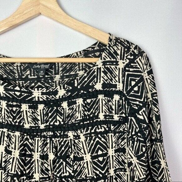 Lucky Brand Black & Tan Cross Hatch Geometric Printed 3/4 Sleeve Blouse M - Picture 4 of 4